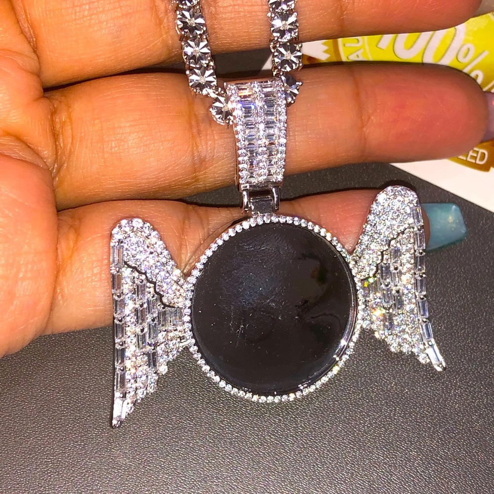 Real diamond tennis chain w custom made angel wing memory pendant only 1 made